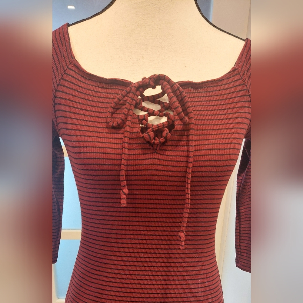 Heart & Hips Burgundy Striped Lace-Up Long Sleeve Dress - Picture 2 of 6